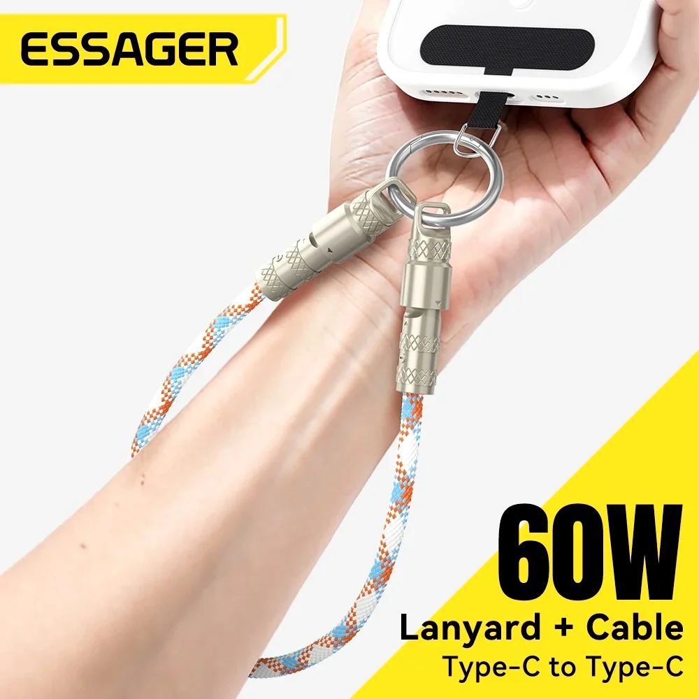 Essager 2 in 1 Type-C C To Type-C Fast Charging Cable Data Cord with Neck Straps Lanyard 60W PD Cable For iPhone Samsung Huawei