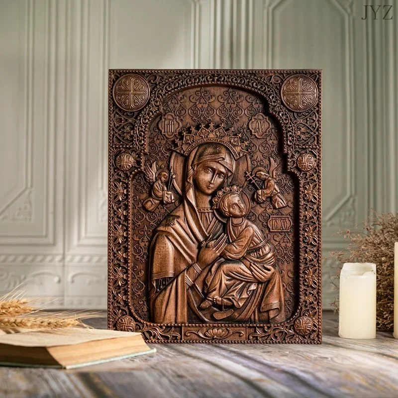 Vintage Catholic Religious Art Our Lady Statue of Perpetual Help Wood Carved Wall Home Living Decor