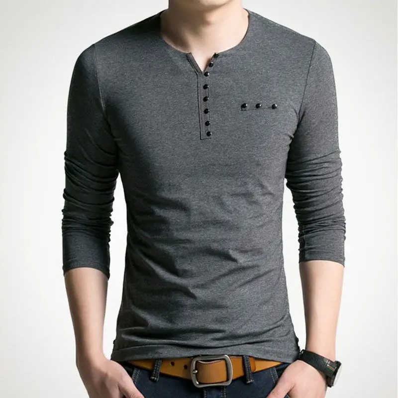 New 2026men's T-shirt Long-sleeved V-neck Collarless Slim-fit Korean Dark Gray Cotton Vneck Bottoming Shirt Youth Men's Clothing