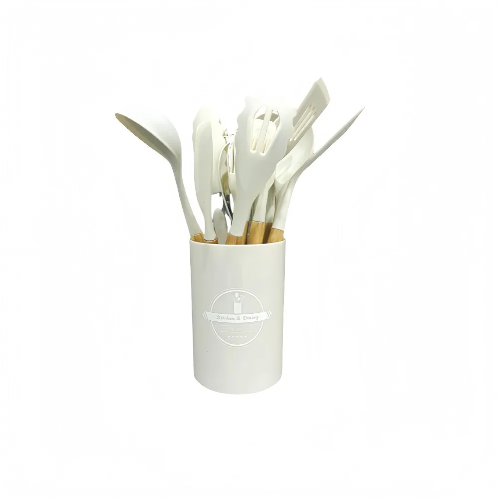 

12 шт., набор кухонной утвари с деревянной ручкой, термостойкий силиконовый антипригарный набор посуды с ведром для хранения, экологически чистый