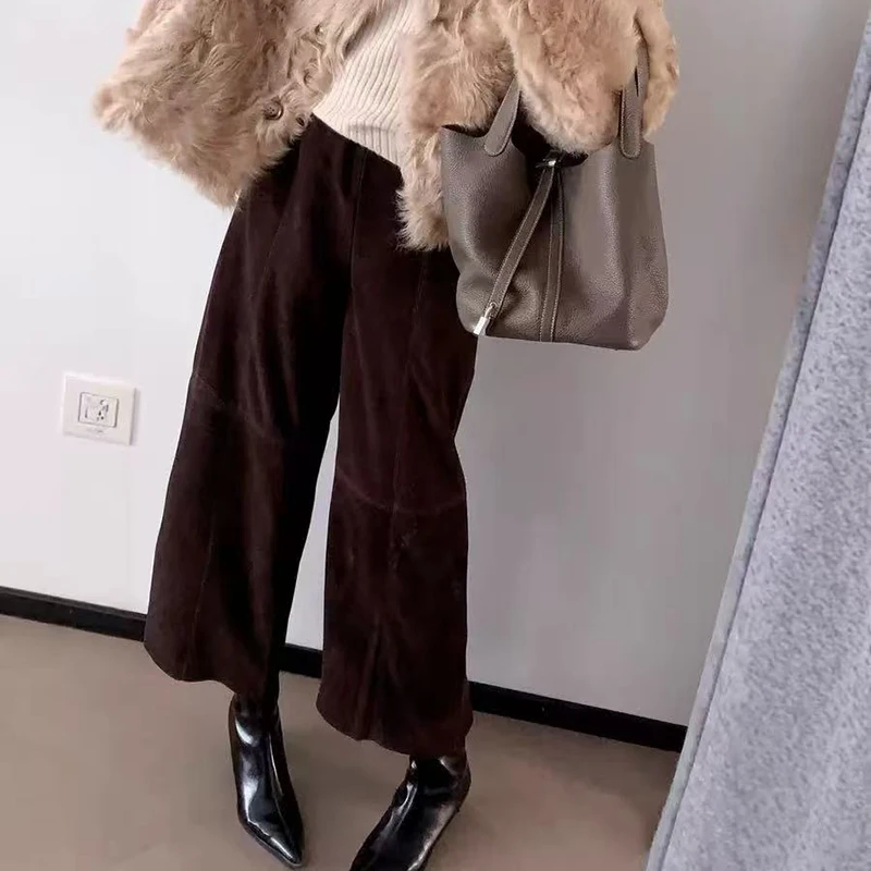 

Real Suede Leather Pants Women Coffee Retro Sheepskin Elastic Waist Wide Leg Straight Cylinder Trousers Ankle-Length Pantalones