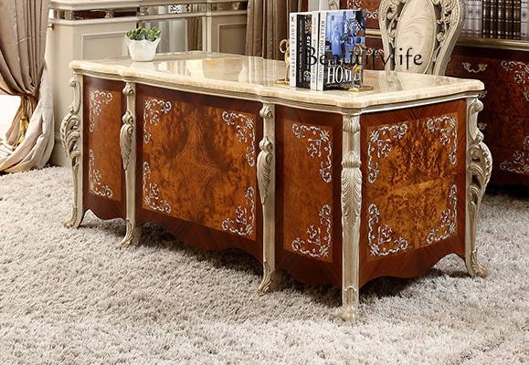 Light luxury European study furniture solid wood hand-carved marble writing table designer