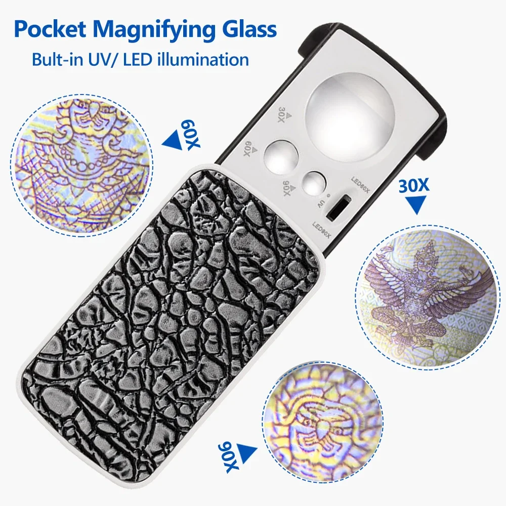 

Jewelry Magnifying Glass 30X 60X 90X Mini Magnifying Glass Jeweler Tool Professional Handheld Magnifier Currency UV Detector
