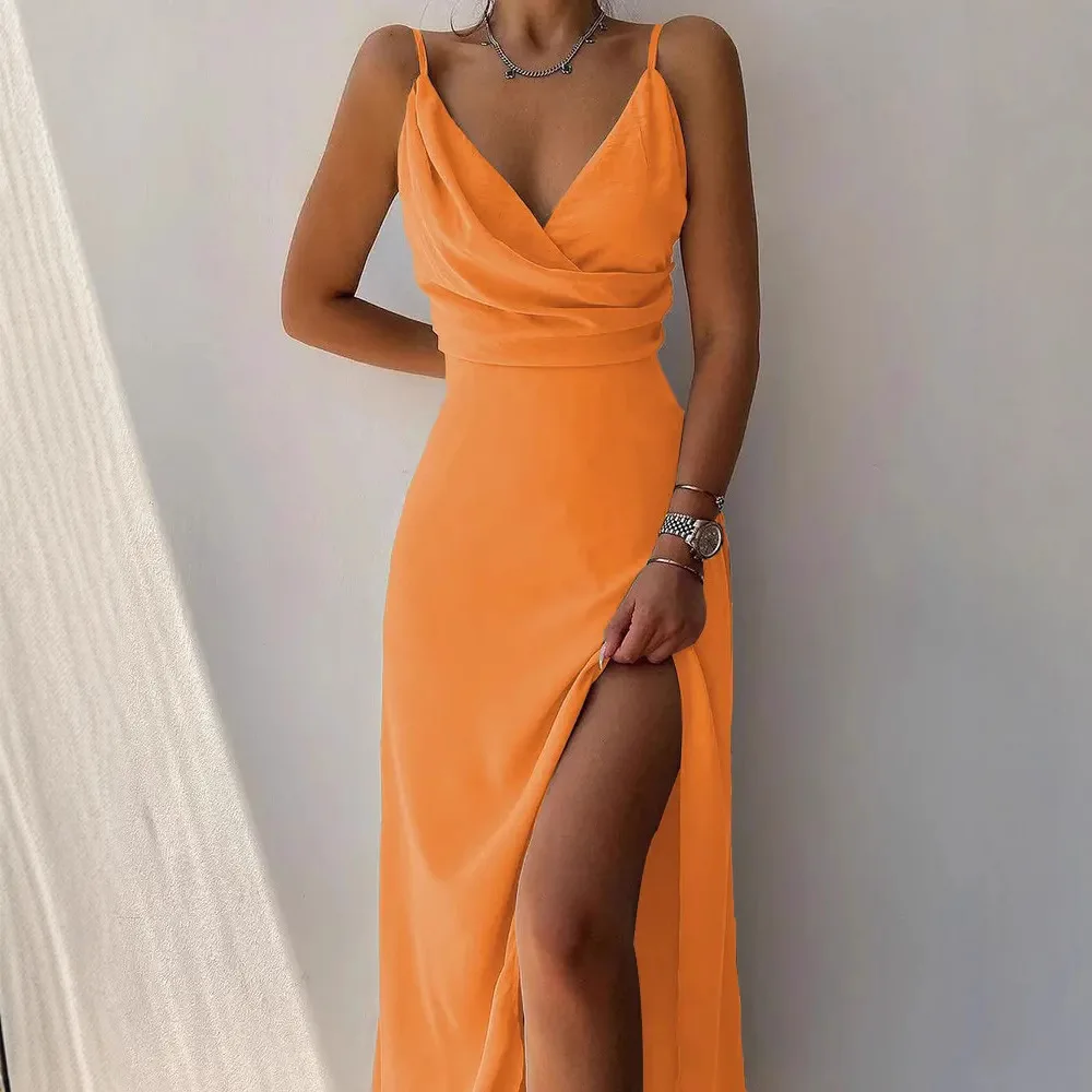 Casual Camis Dress Sleeveless Spaghetti Strap Sexy Women's Swinging Dress V-neck Sexy Slim Fits High Waist Summer Long Dress