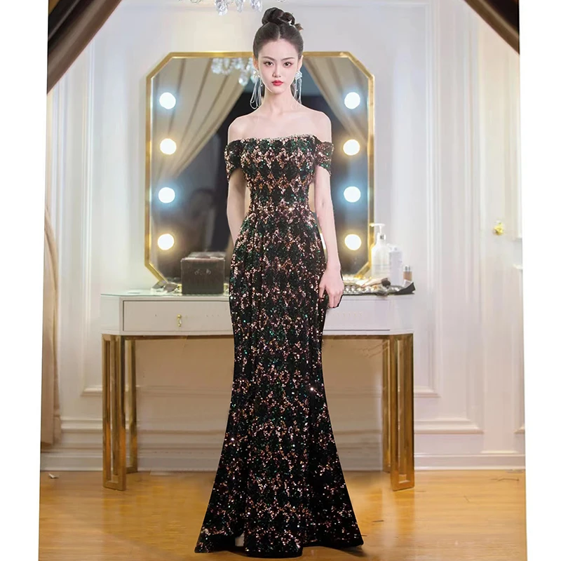 

Ele Evening Gown Women's Faionable Luxury High-End Sequin Performance Dr One-oulder Fi-Tail Autumn Sle