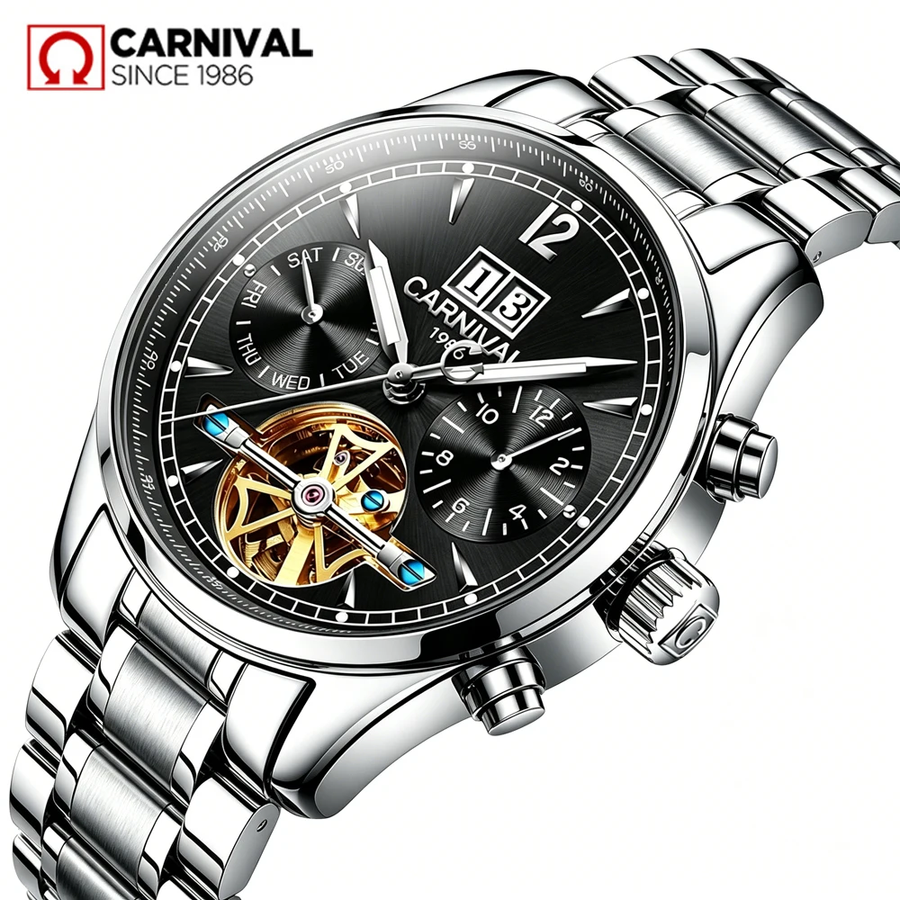 CARNIVAL Luxury Brand Automatic Watches Men Stainless Steel Tourbillon Mechanical Watch Luminous Waterproof Date Clock Reloj - view 2