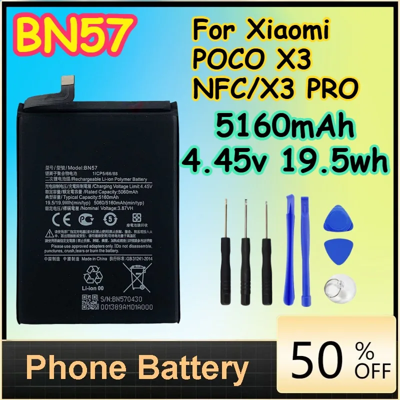 

BN57 5160mAh 4.45v 19.5wh Battery for Xiaomi POCO X3 NFC/X3 PRO Phone Replacement Batteries+ Free Tools