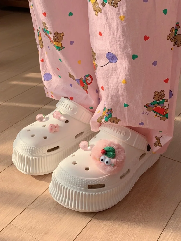 Cute Plush Toy Hole Shoes Garden Shoes Women's Fashion Outwear Tall Thick Sole Slippers Summer Hollow Out Sandals