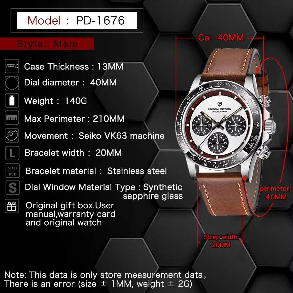 Pagani Design Fashion Men's Quartz watches VK63 Brown Stainless Steel Sapphire Waterproof Luminous reloj hombre Watch PD1676