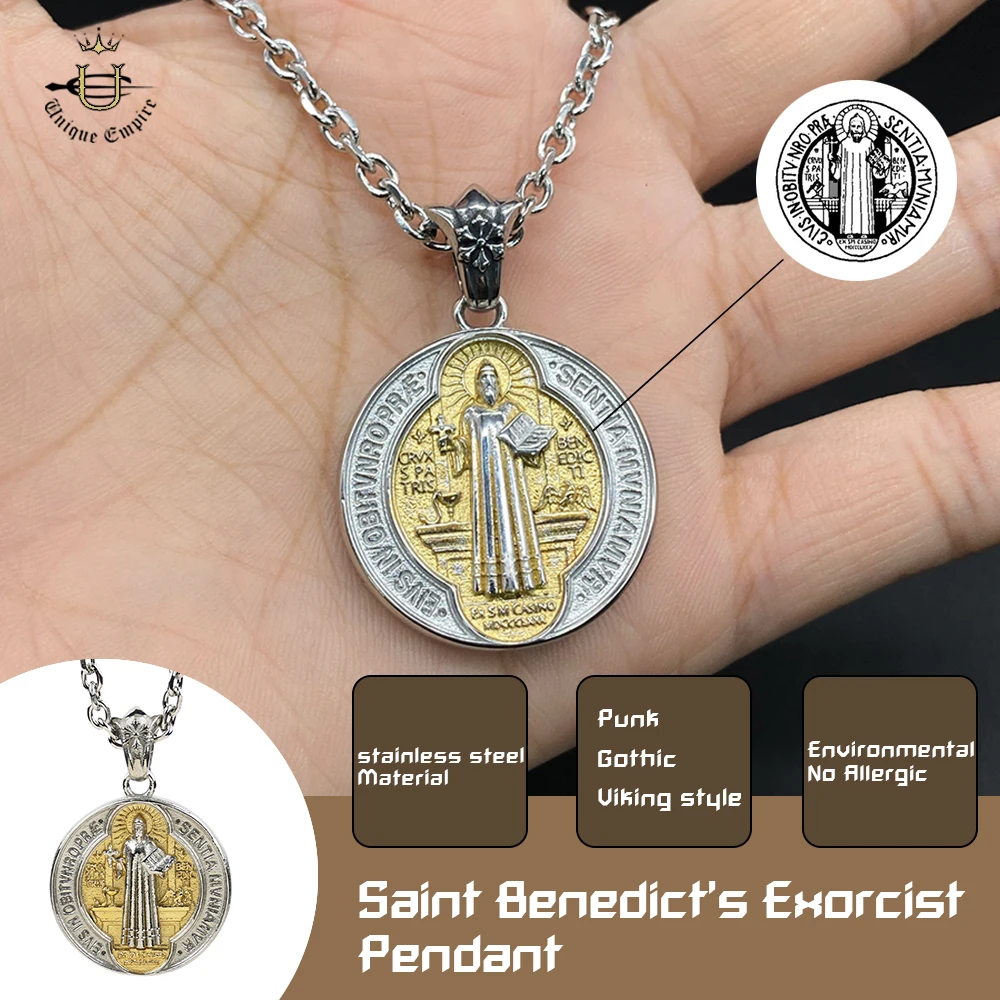

Gold color Saint Benedict Crucifix Pendant Stylish Stainless Steel Cross Necklace for Men & Women Fashion Jewelry