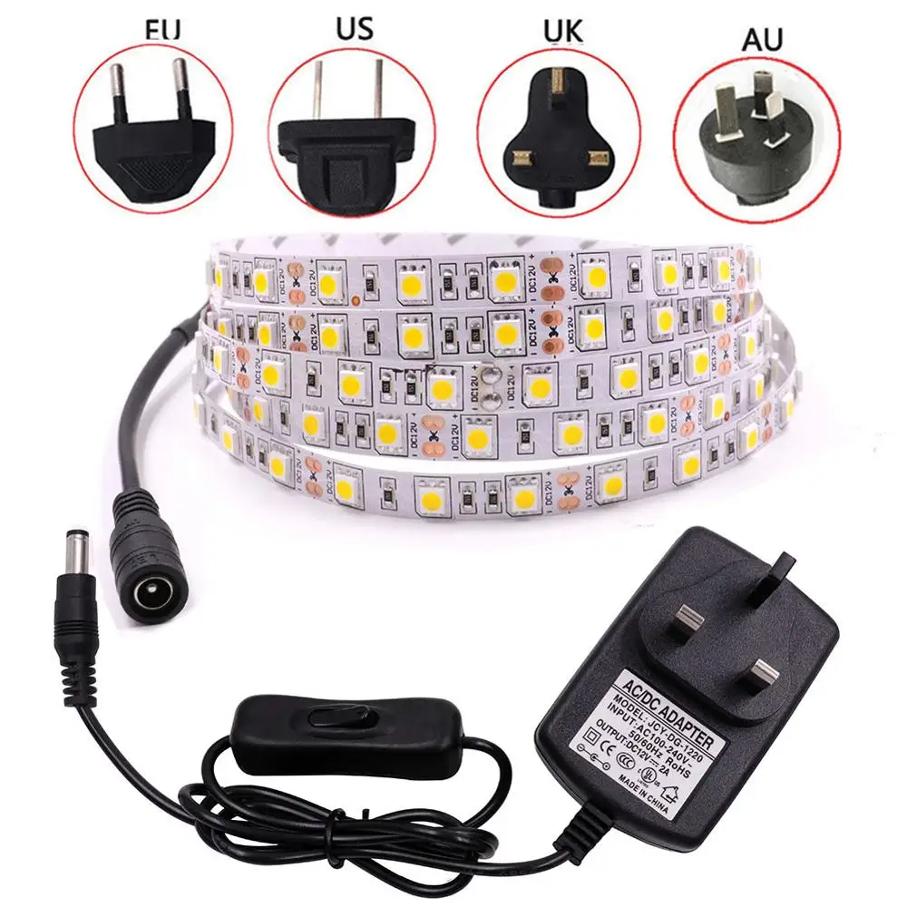DC12V LED Strip Light 5050 SMD 60LED/M Flexible LED Tape Waterproof Ribbon with DC Connector EU/US/AU/UK Adapter TV Backlight