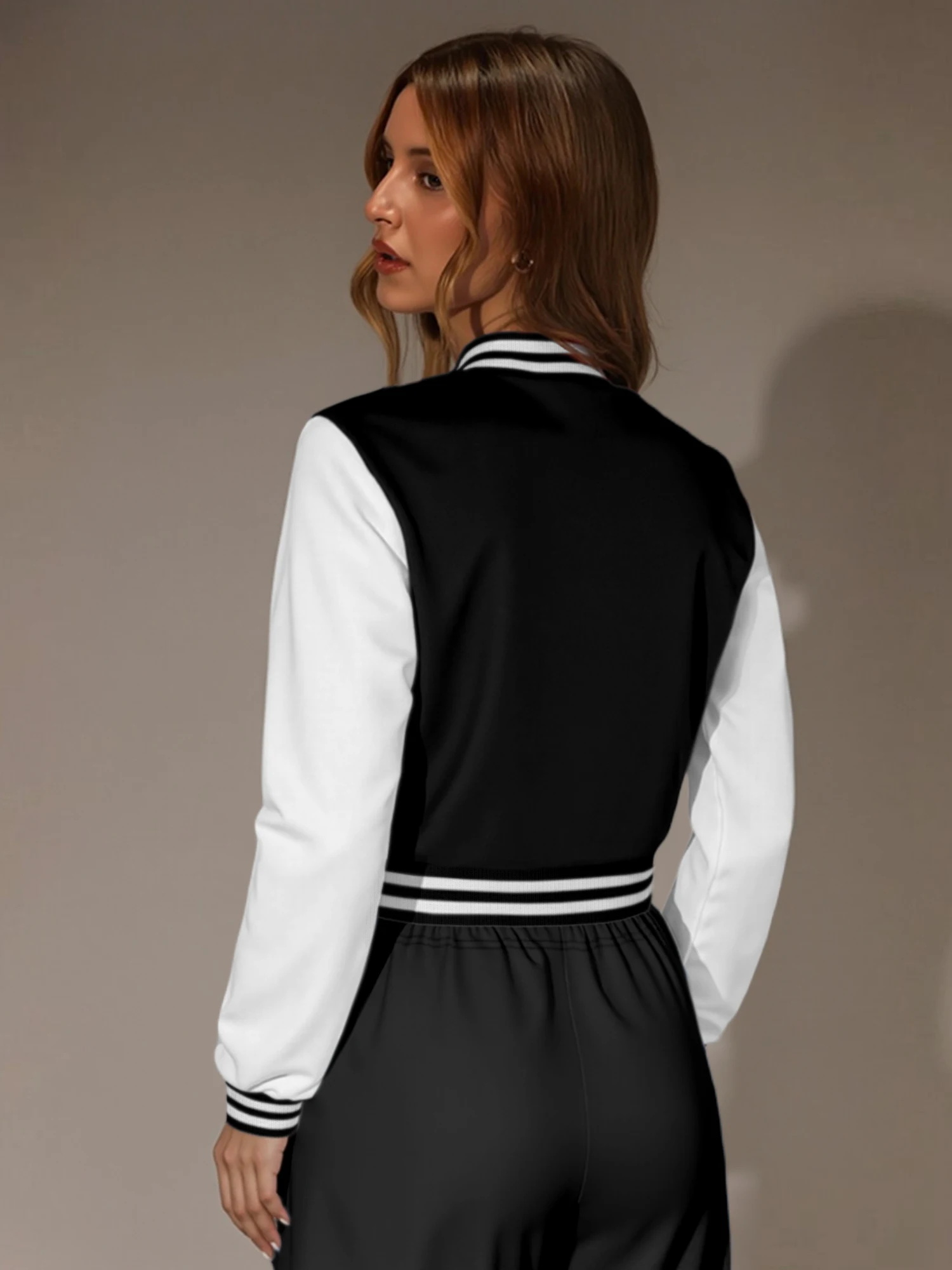 Women Casual Cropped Varsity Baseball Jacket Color Block Striped Trim Long Sleeve Slim Short Outerwear