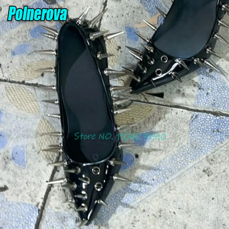 

Gothic Spiked Rivet High Heels Punk Black Leather Pointy Toe Shallow Stiletto Pumps Niche Design Fashion Party Nightclub Shoes