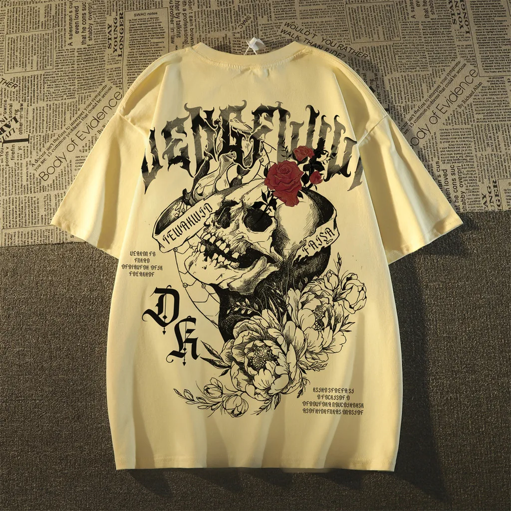 Herren Oversize-T-Shirt mit Totenkopf-Rosen-Print, Gothic-Streetwear, Kurzarm, lässiges Grafik-T-Shirt für den Sommer – Detail 8