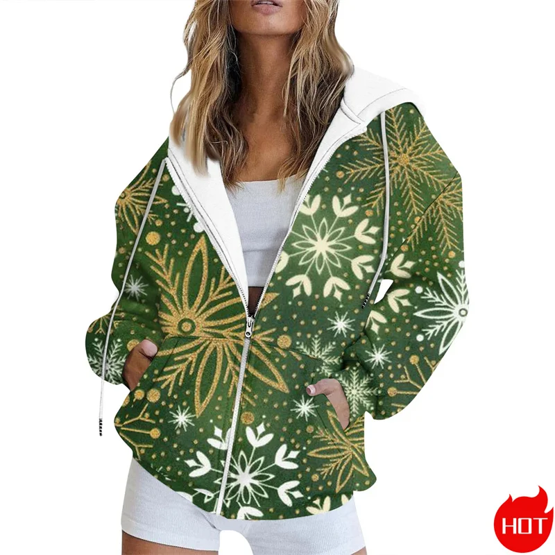 Vintage 3D Happy Christmas Printed Zip Up Hoodies Xmas Snowflakes Graphic Zipper Sweatshirts Fashion Women Clothing Zip Pullover