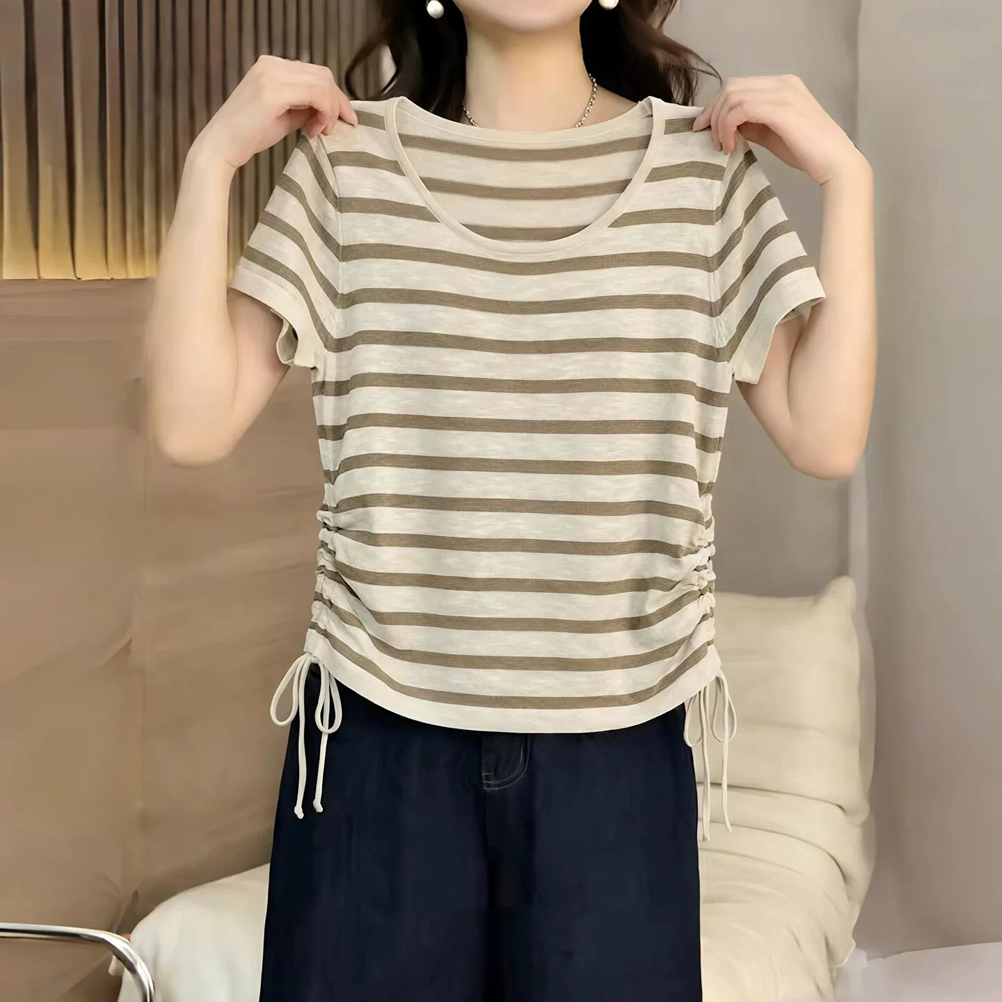 Korean Style Slimming Striped Drawstring Waist Short Sleeve T-Shirt Women's plus Size Summer New Fashion Hidden Belly Top