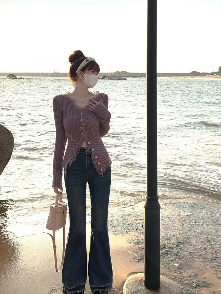 Y2k Clothes Kawaii Knit Cardigan Women Jumper Slim Sweater Raw Edge V-neck Long Sleeve Spring Autumn Coat Korean Chic Crop Top