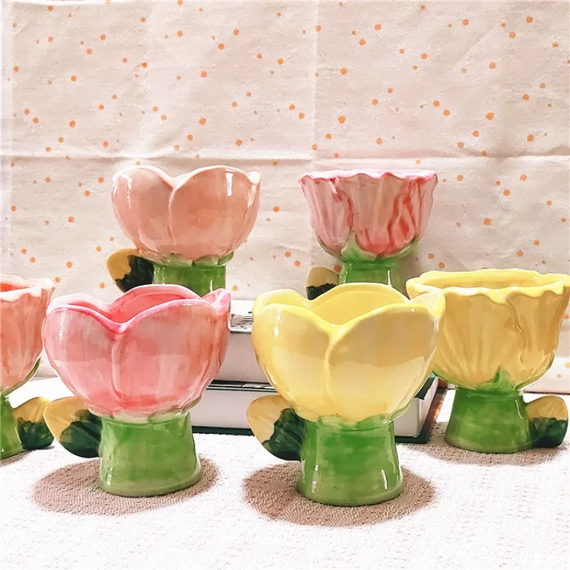 Contenedor de velas de aromaterapia estilo tulipán para niña, bonita taza de cerámica, helado, postre, cuenco de cereales