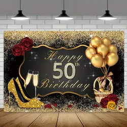 50th birthday background Black gold balloons Champagne sparkling sequin roses decorated banner for birthday party