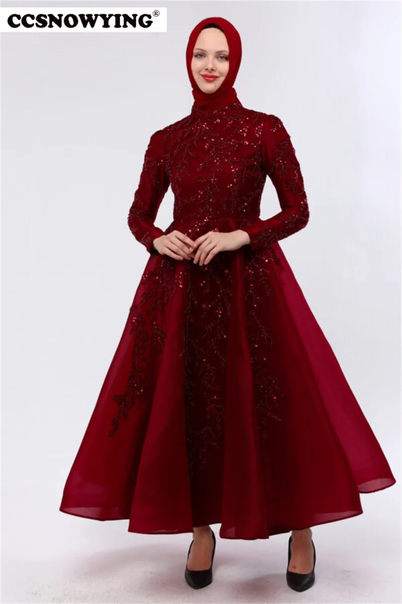 

Organza Appliques Beaded Muslim Evening Dresses Long Sleeve Islamic Prom Formal Party Gowns Women Arabic Robes De Soirée