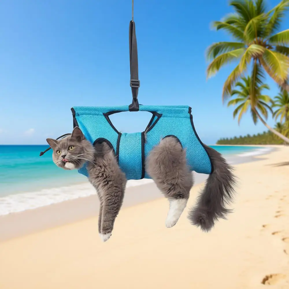 

Регулируемый по высоте гамак для груминга животных для собак весом 2,3–5 кг, с креплением на дверь, моющийся, с сумкой для инструментов — синий