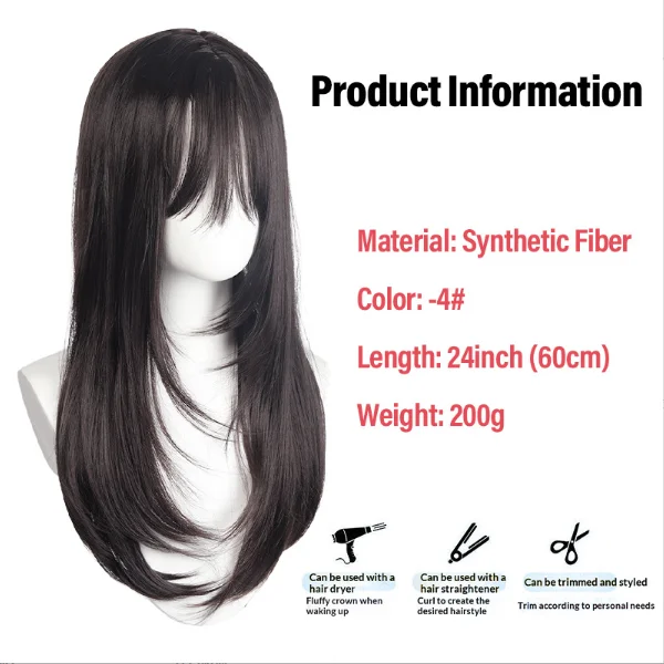 Women Black Long Straight Hime Cut Wig Flat Bangs Synthetic Heat Resistant Full Wig Natural Look for Daily Wear Halloween Cospla