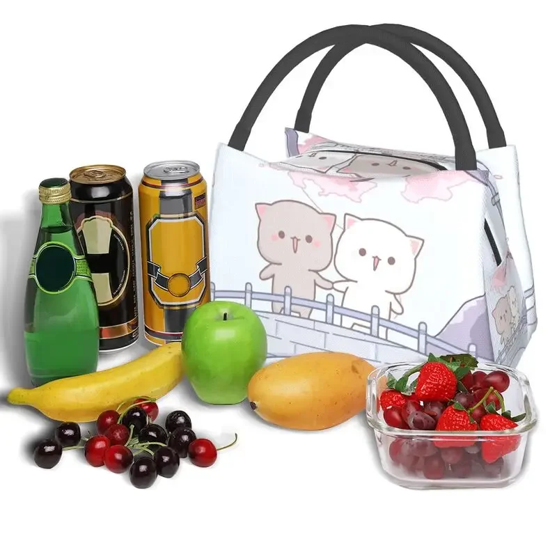 Romantic Peach And Goma Mochi Cat Thermal Insulated Lunch Bag Women Resuable Lunch Tote for Outdoor Picnic Storage Meal Food Box