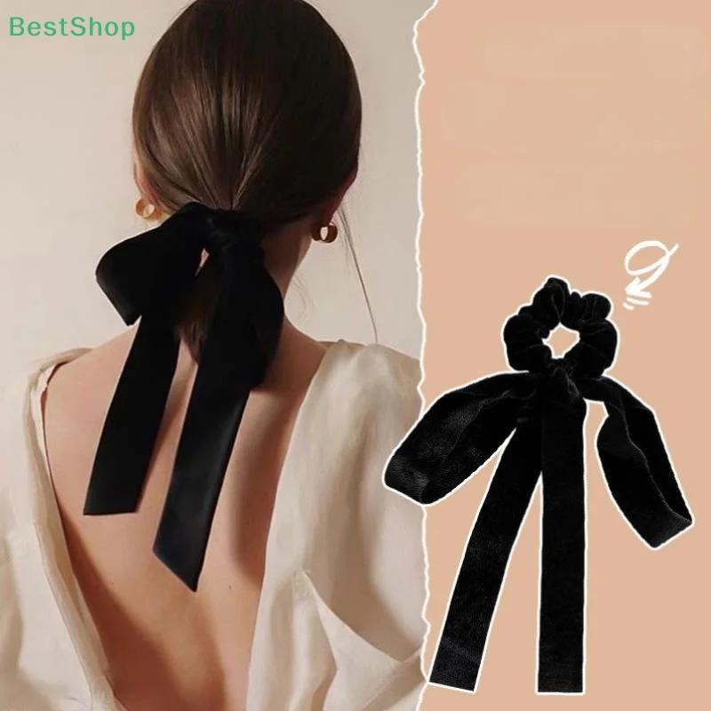 

♥Vintage Black Velvet Bow Hair Ribbon Scrunchie For Women Girls Long Elastic Hair Tie Headwear Female Hair Accessories
