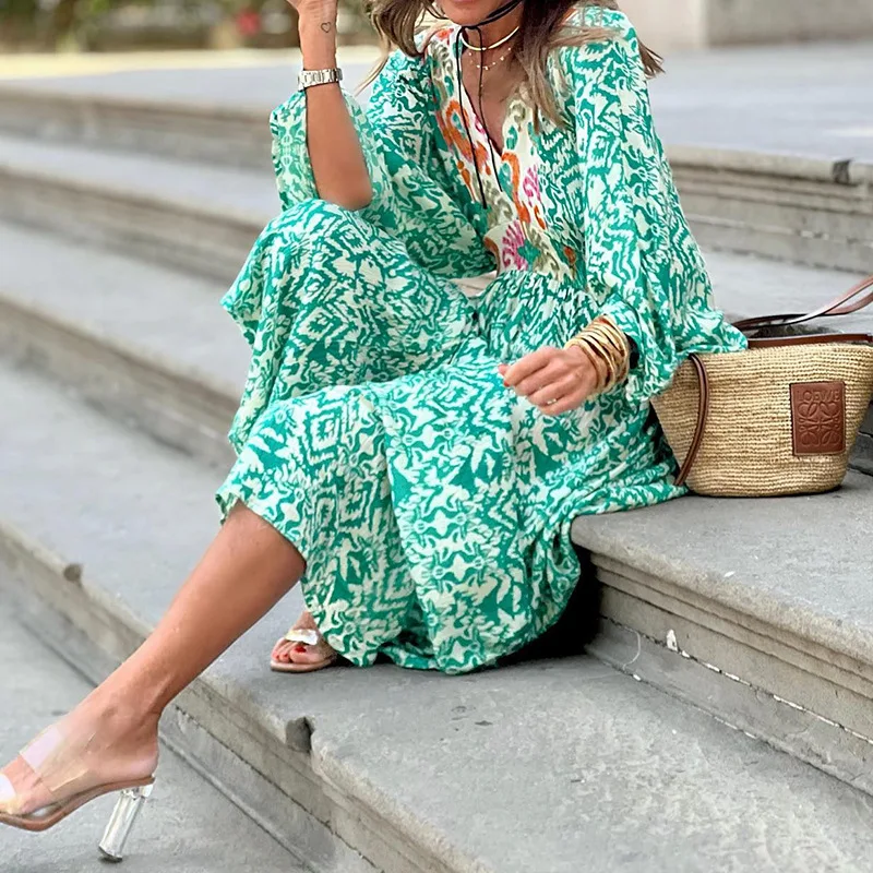 BAMBOOBOY-Robe de plage rétro à imprimé floral pour femmes, manches bouffantes, ceinture trapèze, maxi, vert, bohème, col en v, été