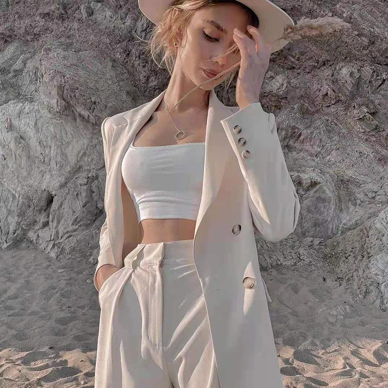 Casual Wide Leg Suit Jacket And Shorts Two Piece Set Women's Spring Autumn INS Fashion Blogger Style Straight Cut Long Sleeve