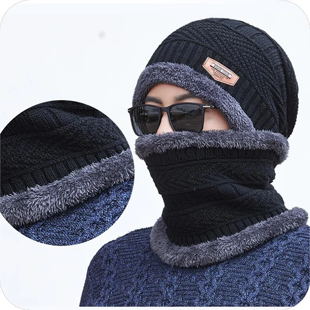 Cappelli lavorati a maglia di vendita caldi invernali da uomo più sciarpa calda di velluto berretto intero cappello freddo di lana addensato