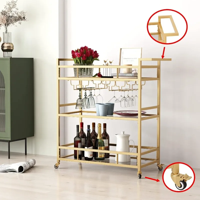 Gold Bar Carts with 3 Tier Glass Shelves, Rolling Serving Bar Cart with Wine Rack and Glass Holder