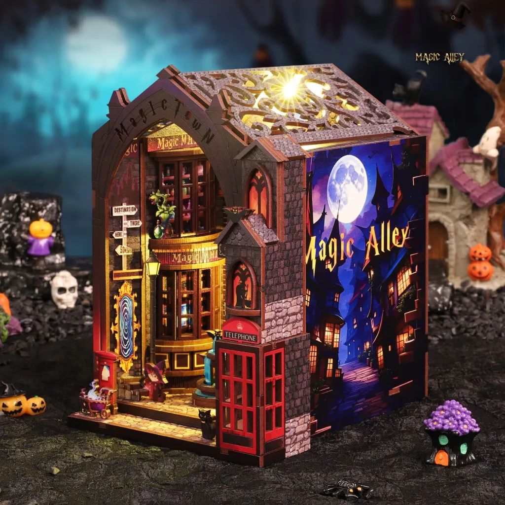 OUZEY Diorama de alho mágico imersivo, kit de nook de livro de contar histórias, modelo de casa em miniatura com iluminação LED, presente de decoração de mesa para adultos