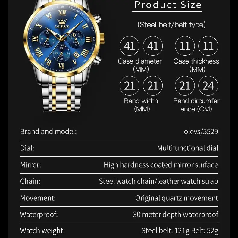 OLEVS TOP Brand Quartz Watch for Men Waterproof Moon Phase Luminous Stainless steel Calendar Sports Chronograph Man Wristwatches