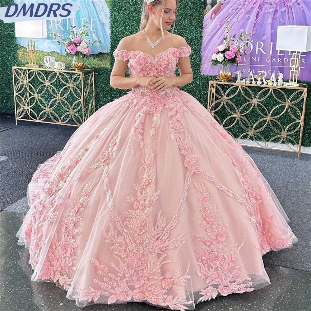 Elegante Liefje Glanzende Quinceanera Jurk Feestjurk Roze Prinses Kant Appliqueert Kralen Kristal Van De Schouder Voor 16 Jaar