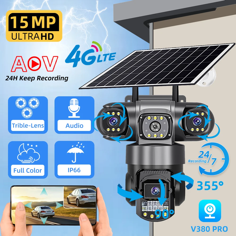 

V380 4G Solar Camera AOV 15MP Three Lens Auto Tracking Color Night Vision Outdoor CCTV Built in Battery Security Surveillance