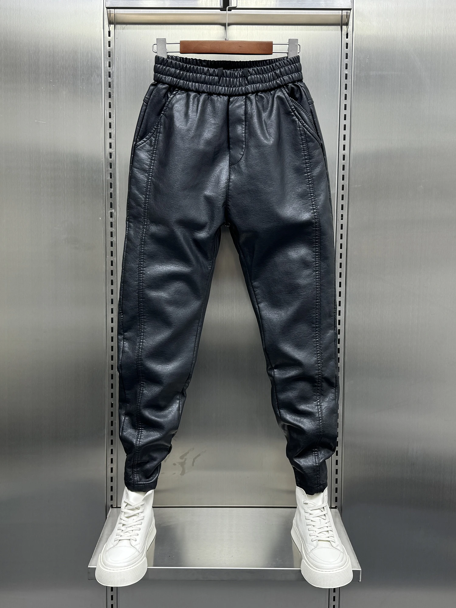 

Мужские утепленные кожаные брюки на флисовой подкладке для зимней езды на мотоцикле, водонепроницаемые, ветрозащитные, теплые, с манжетами, повседневные, прямого кроя