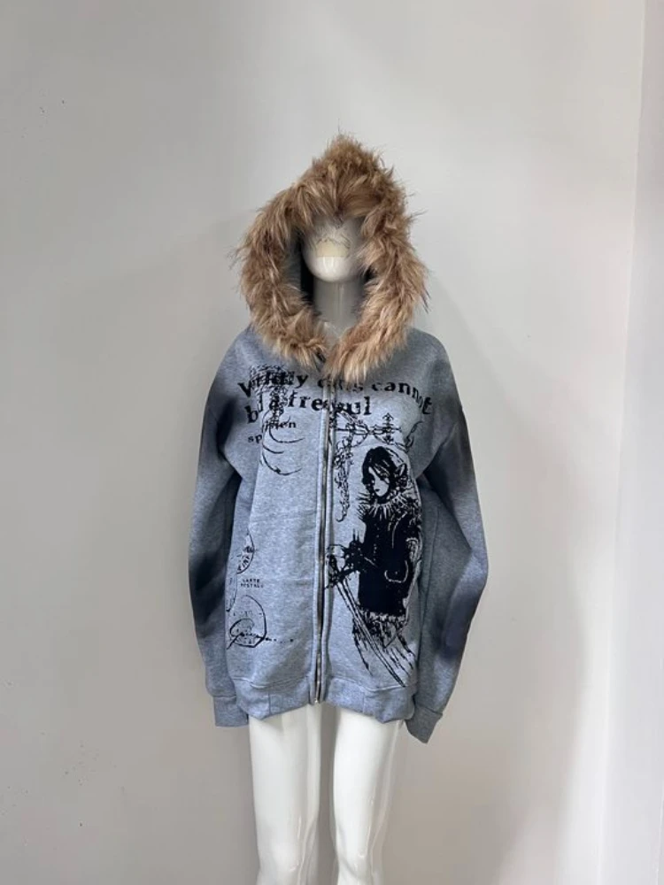 

American retro vintage hooded fleece design hoodie for men and women on the street, trendy fur collar hoodie, new ins