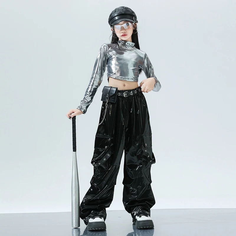 Kids Jazz Costume Girls Trend Silver Crop Tops Black Pants Hip Hop Performance Clothing Modern Dance Clothes Stage Wear BL14330