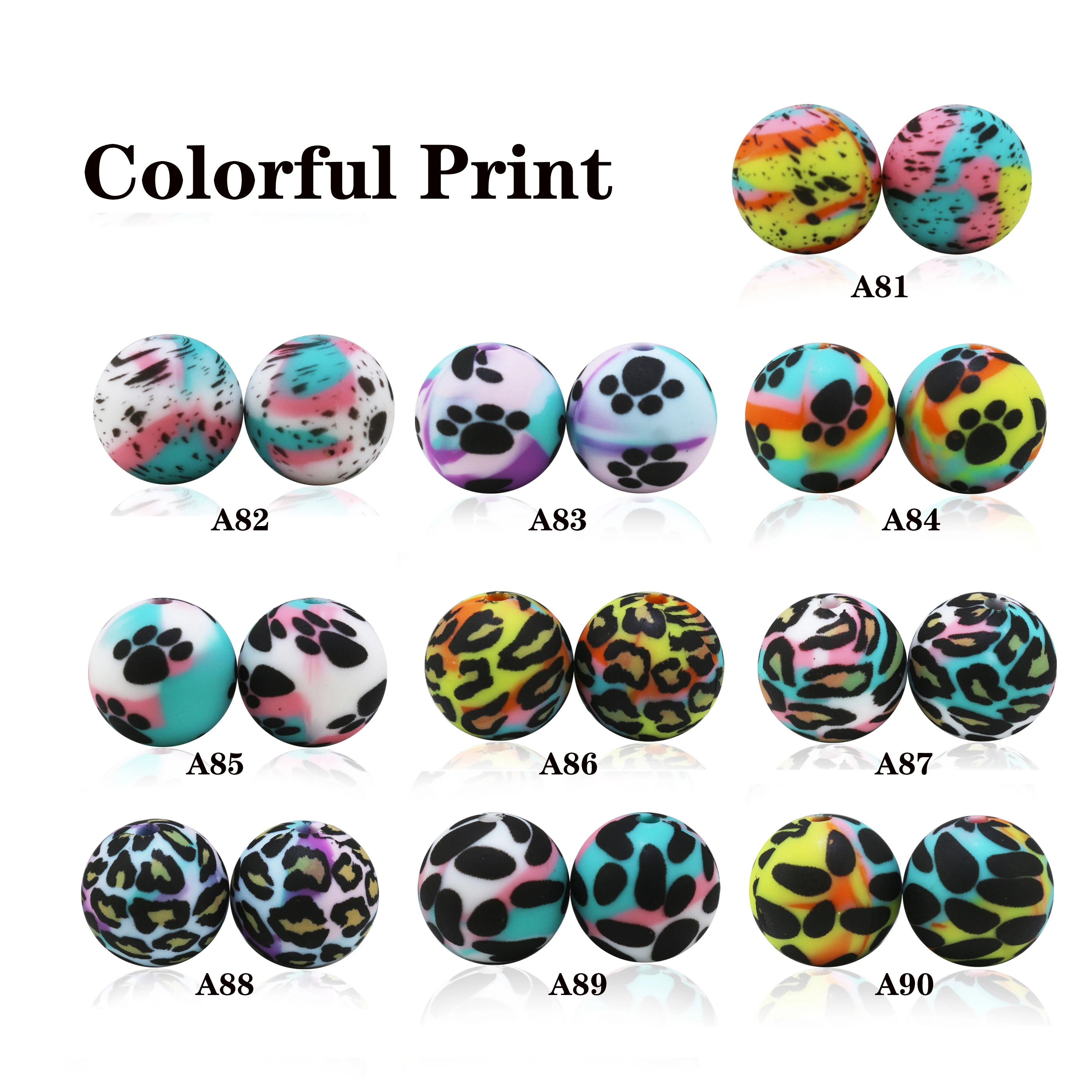 

New Arrival 50Pcs 100Pcs Paw Cow Cheeth Leopard Colorful Tie-dye Pattern Silicone Beads 15mm Round Loose Balls For Making Pens