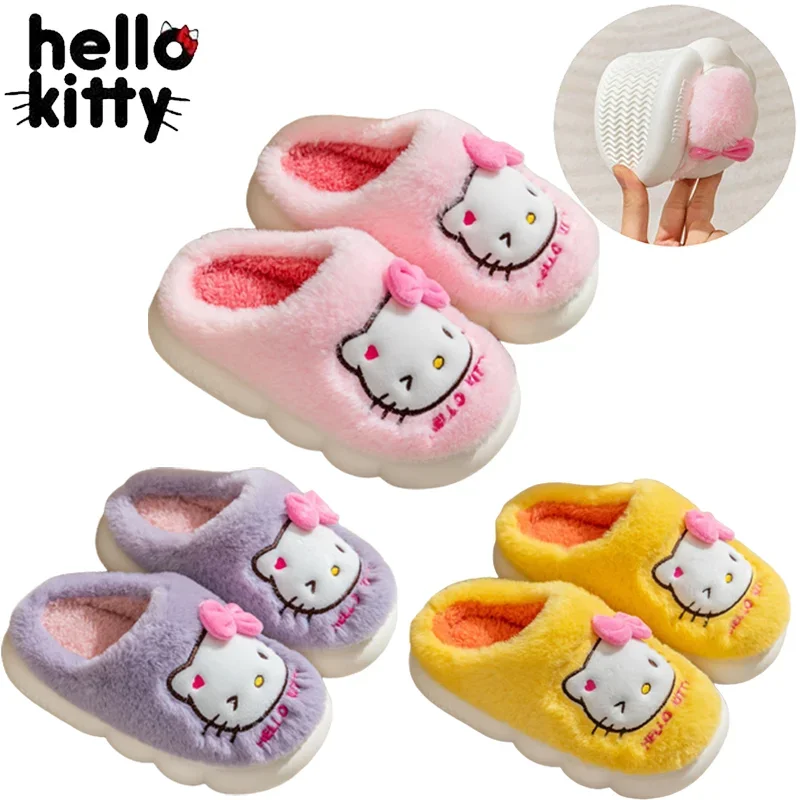 Hello Kitty Cotton Slippers Kawaii Children Winter Warm Plush Shoes Cute Kids Indoor Non-Slip Furry Slippers Warm Slippers Gifts