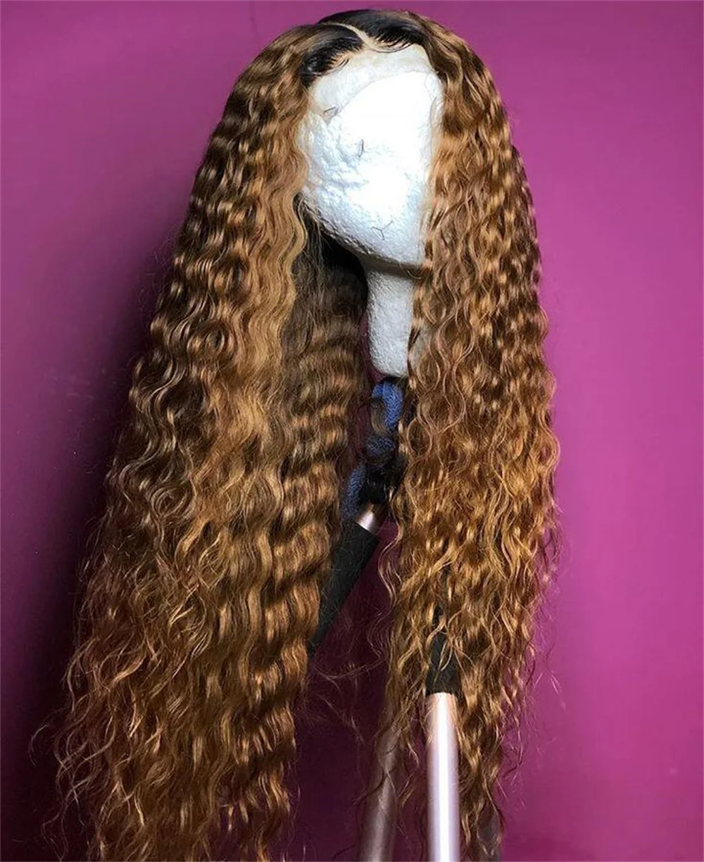 Vorgezupfte, weiche, lange, verworrene, lockige Ombre-Blond-Braun-Perücke, 66 cm, 180 Dichte, natürlicher Haaransatz, Lace-Front-Perücke für schwarze Frauen, Babyhaar