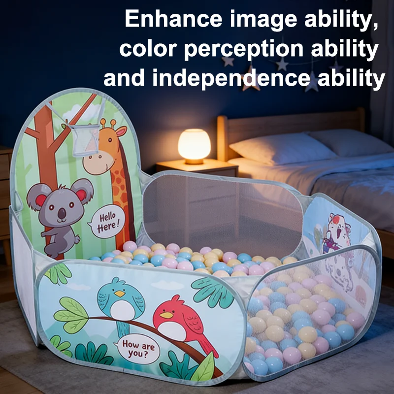 Piscina de pelotas de dibujos animados para niños, 120cm, con aro de baloncesto, parque infantil plegable portátil, tienda de juegos, juguete educativo deportivo para bebés