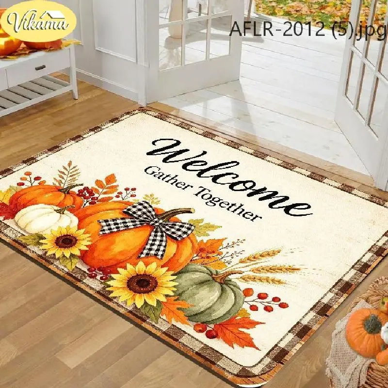 VIKAMA Fall Welcome Doormat Gather Together Pumpkins Sunflowers Buffalo Plaid Autumn Entryway Rug Front Porch Decor