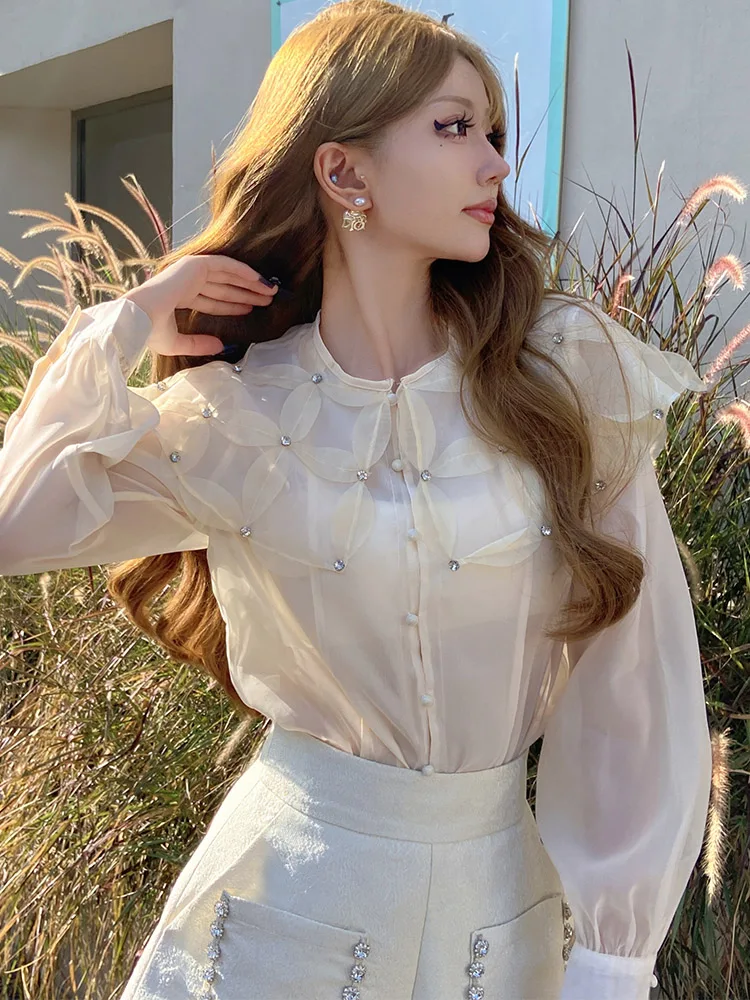 Dabuwawa Appliques Shirt Women 2023 New Collection Peter Pan Collar Rivet Blouse Korean Reviews Many Clothes DM1CST020