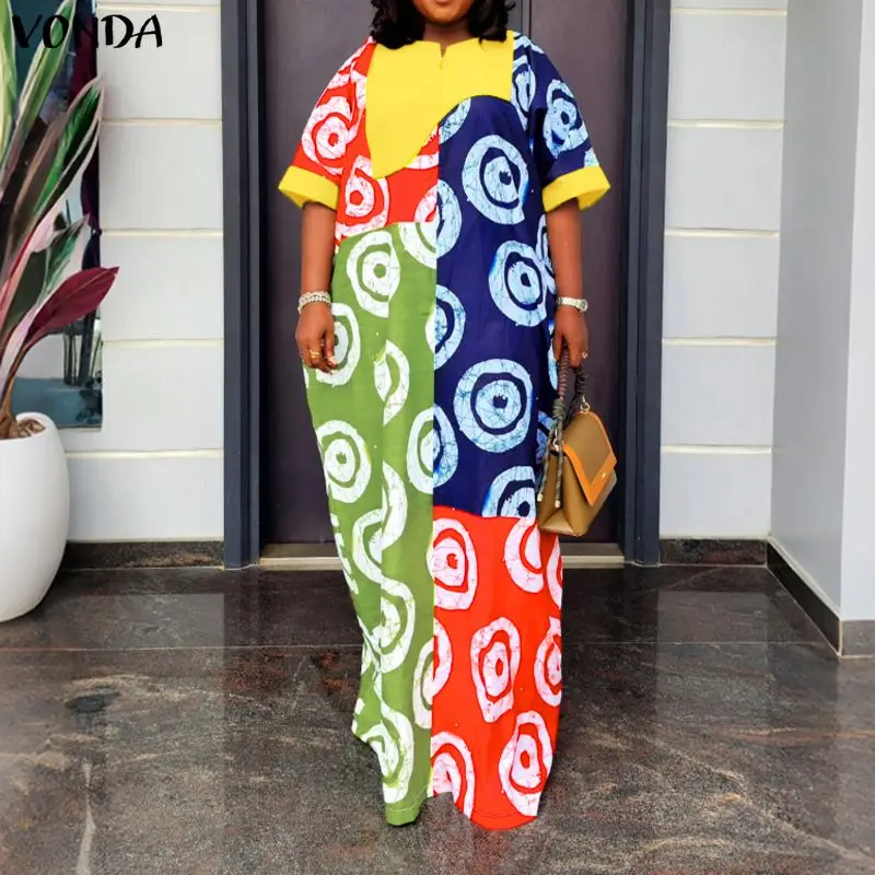 

L-5XL Plus Size Dresses Women Dress VONDA Summer Print Patchwork Streetwear Loose Female Robe OL Work Party Casual Sundress