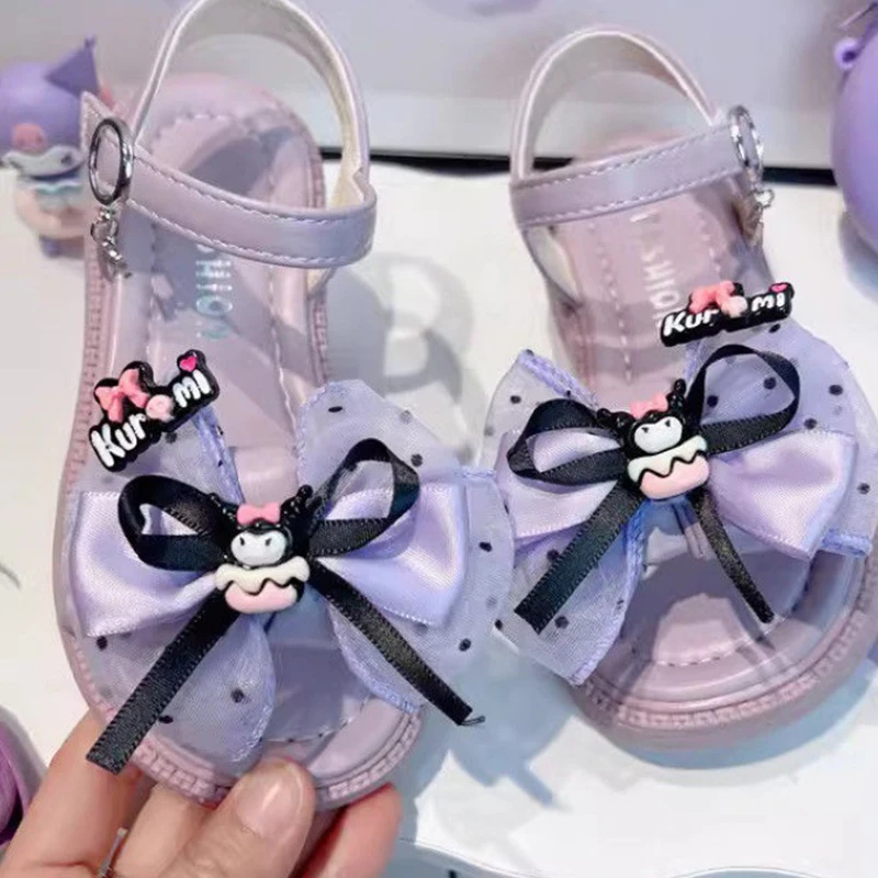 

Girls Kuromi Sandals Summer 2024 New Fashion Cartoon Children Kids Soft-Soled Princess Shoes Non-Slip Bow Beach Slippers Gifts