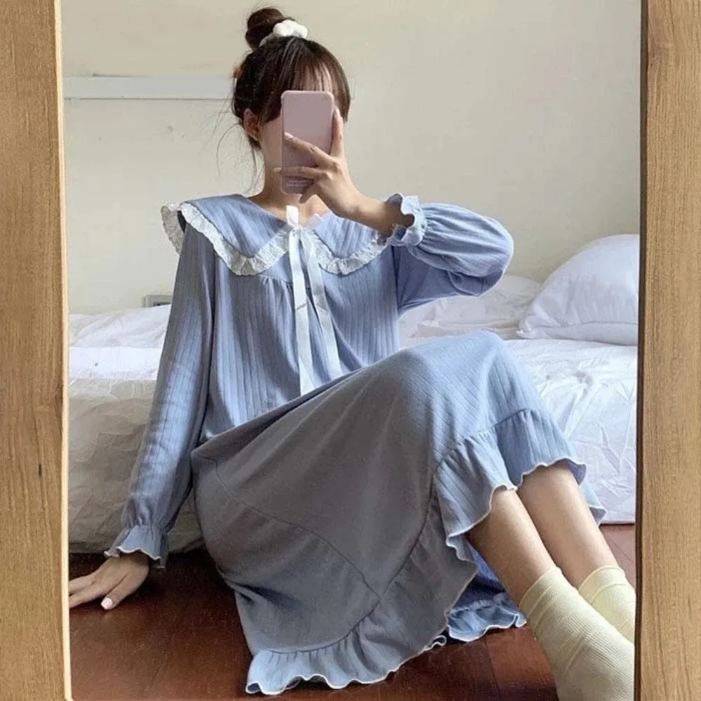 

Fashion Lace Pajamas Nightgown Women Collar Sweet Bowknot Ruffle Nightdress Loose Ruffle Long Sleeve Sleepwear Girl