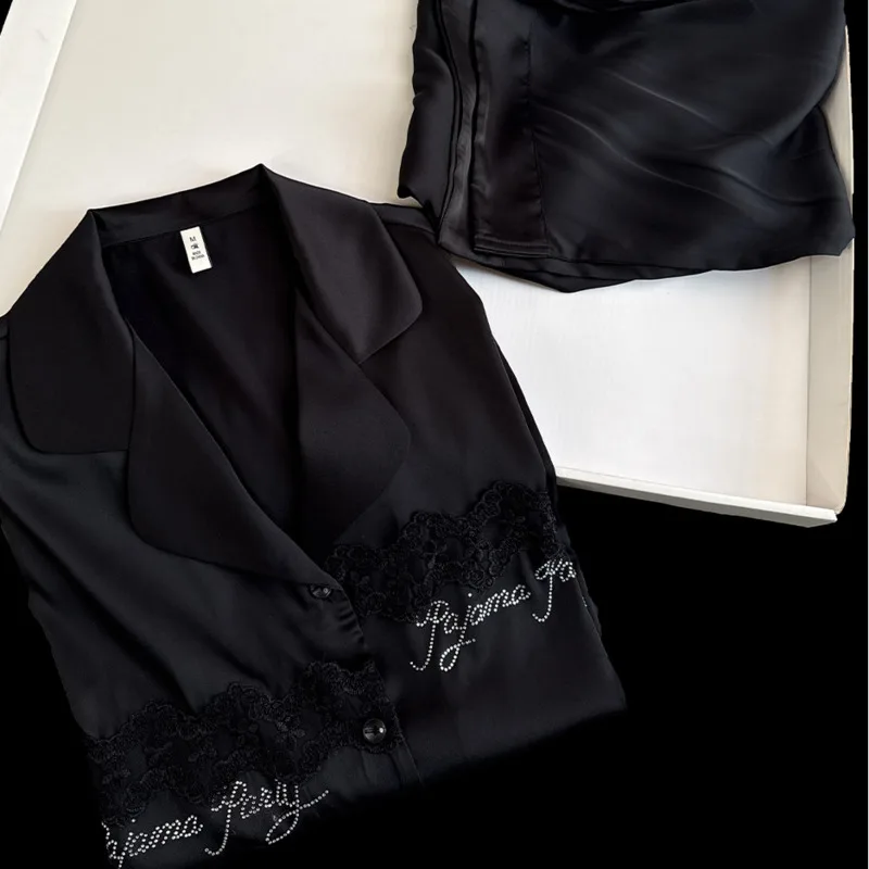 Couple Ice Silk Pajamas 2piece Set Women Men 26 Spring Autumn Long-sleeve Pants Plus-size Hollow Lace Nightgown Sleepwear