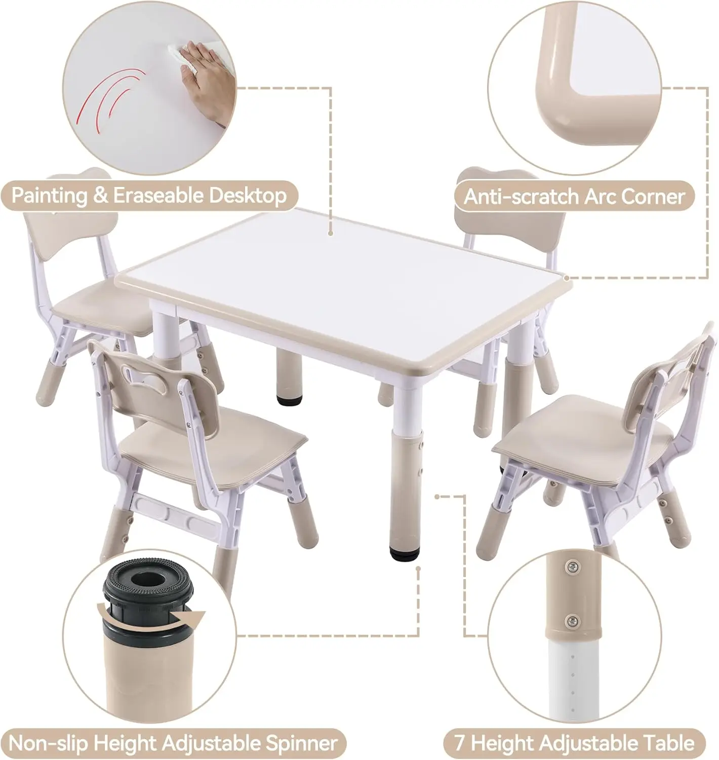 Height-Adjustable Kids Table and 4 Chairs Set, Toddler Table and Chair Set with Desktop, 31.5''L x 23.6''W Children Act